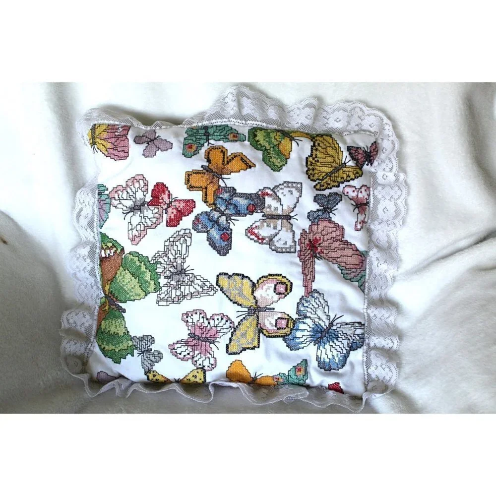 Handmade Butterflies Needlepoint Pillow cross stitch Multicolor Lace edges